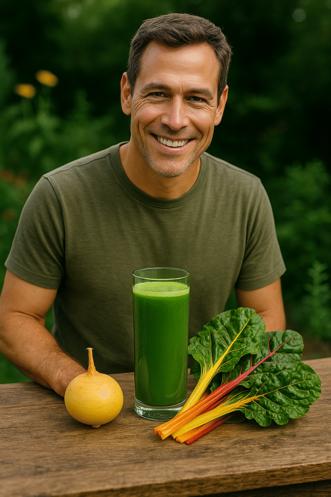 Smiling man outdoors with a vibrant green 10-day detox juice, golden turnip, and rainbow chard on a rustic wooden table.