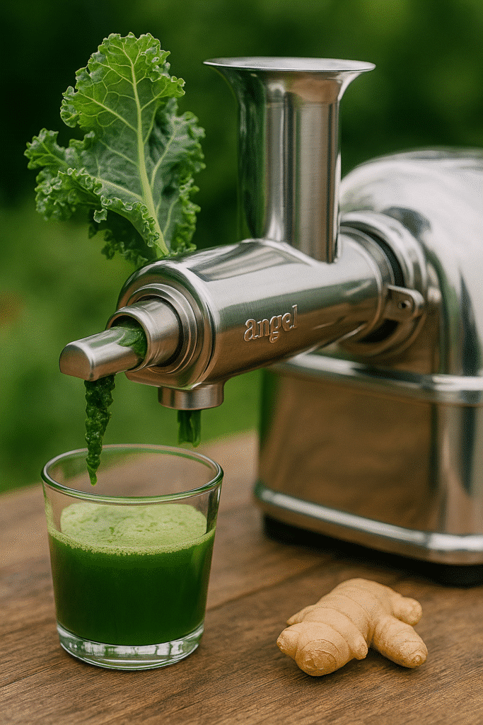 Close-up of an Angel juicer extracting green juice from leafy greens for a 10-Day Detox on a rustic wooden table with fresh ginger nearby.