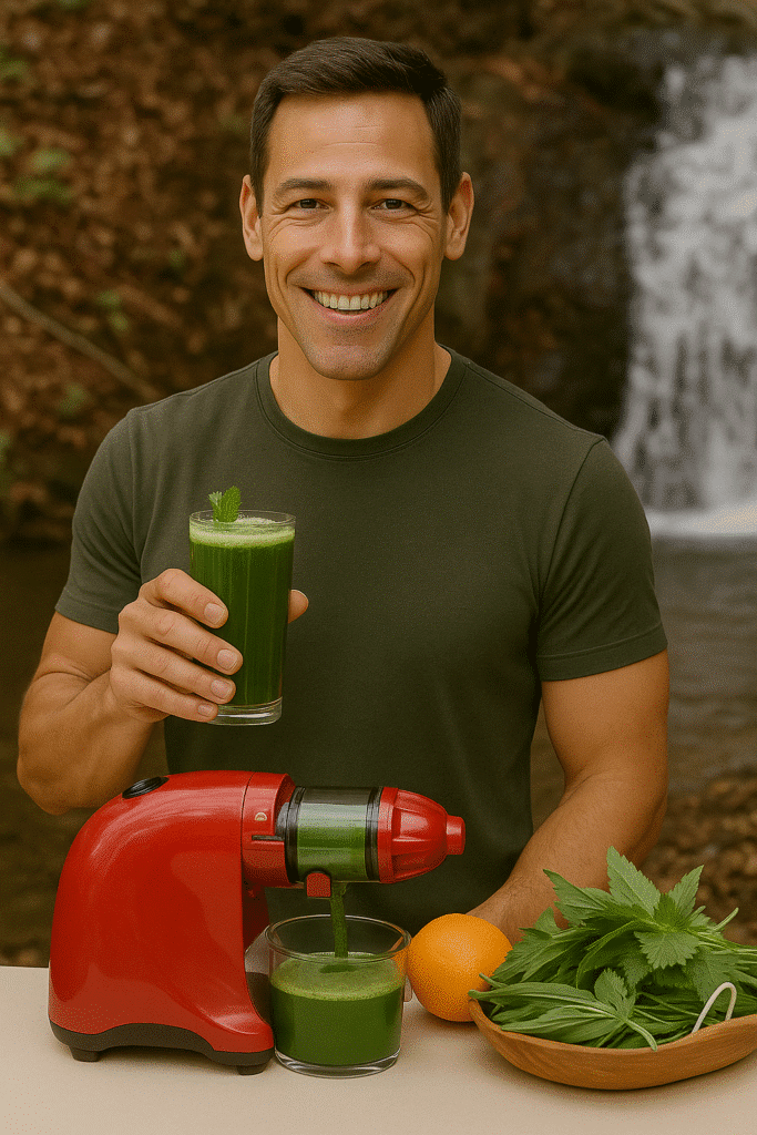 A smiling man holding a glass of green 3 day cleanse detox juice beside a red juicer, fresh greens, and an orange, with a natural waterfall in the background.