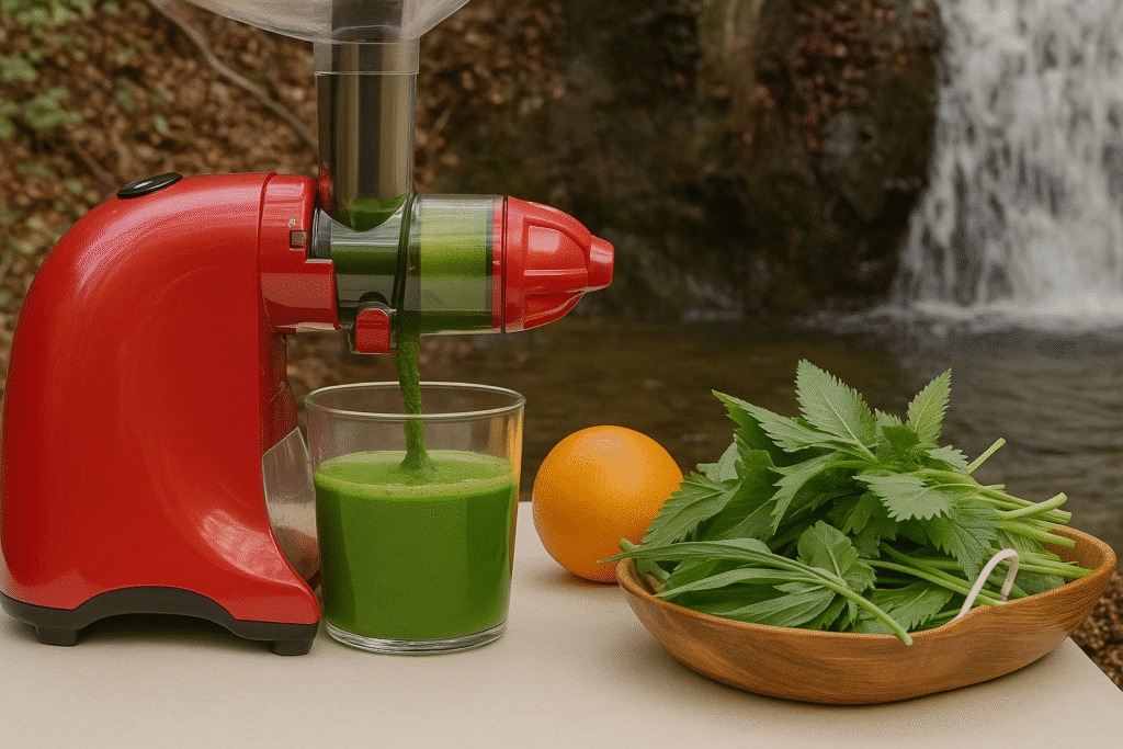 A red juicer pours fresh green juice into a glass, surrounded by nettle, wild garlic, an orange, and a bowl of greens, with a waterfall in the background.
