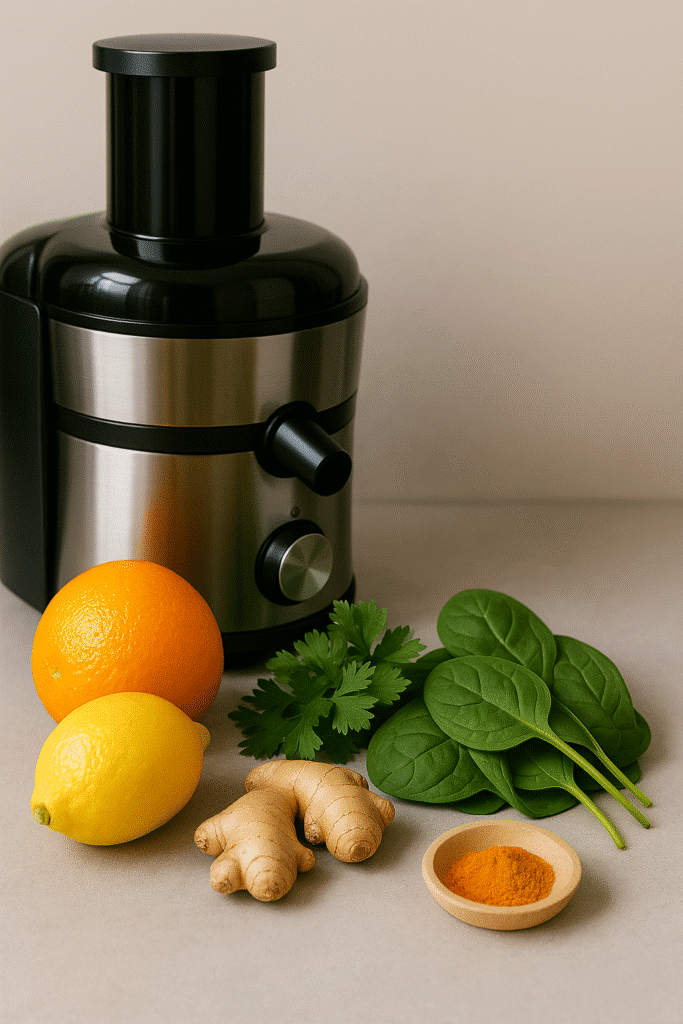 Juicer with fresh detox ingredients including orange, lemon, ginger, spinach, parsley, and turmeric