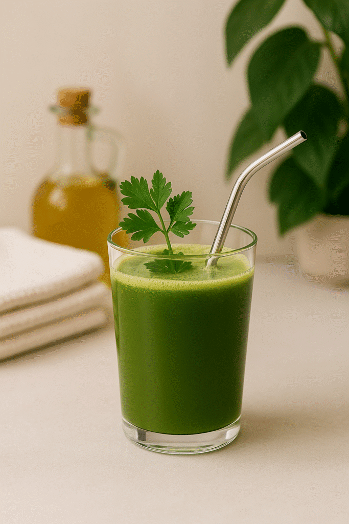 Glass of green detox juice with parsley garnish and metal straw on a wellness-themed surface