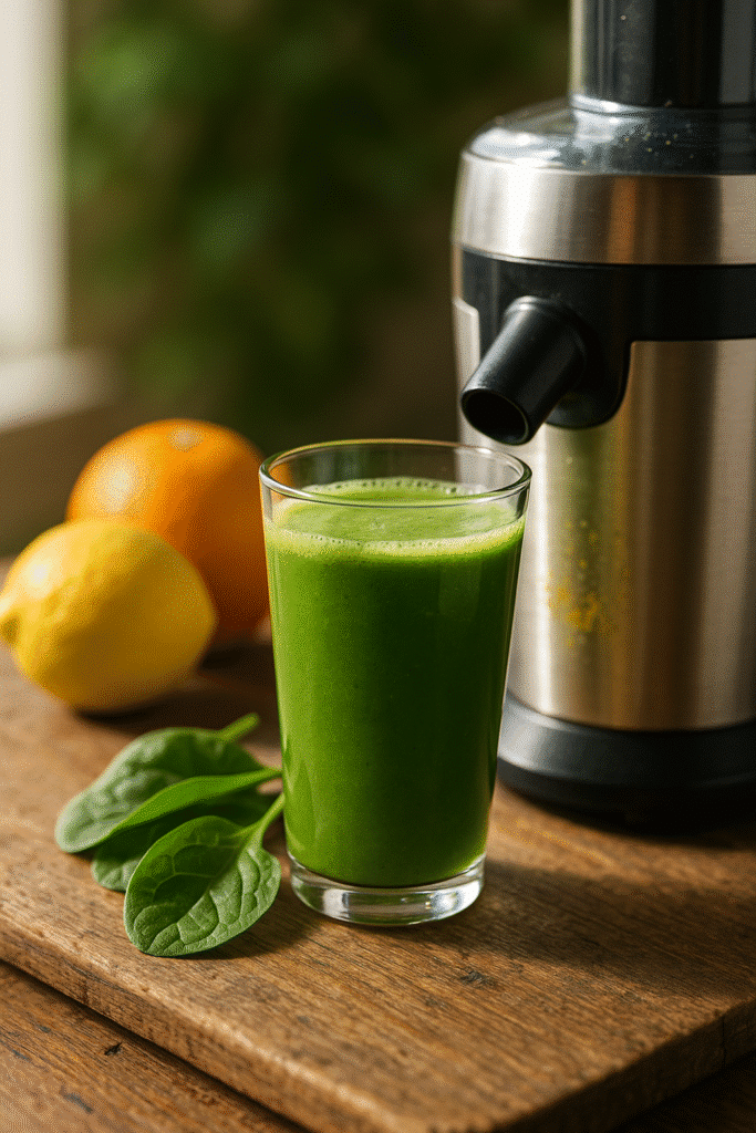 Glass of green detox juice with spinach leaves, lemon, orange, and a juicer on a rustic wooden surface