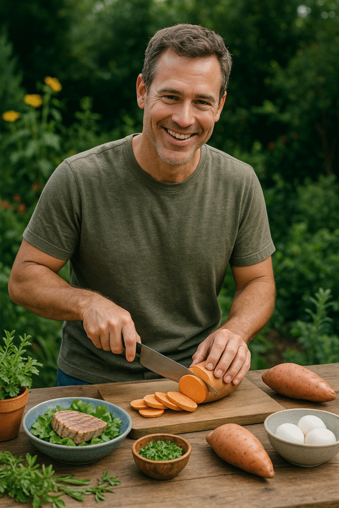 Smiling man slicing sweet potatoes on a wooden board outdoors, surrounded by eggs, herbs, and a bowl with greens and a grilled steak.