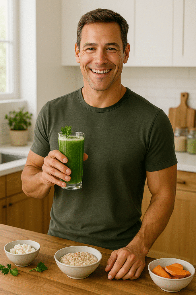 Jason Walker smiling and holding a glass of green Juice Cleanse for Weight Loss in a modern kitchen
