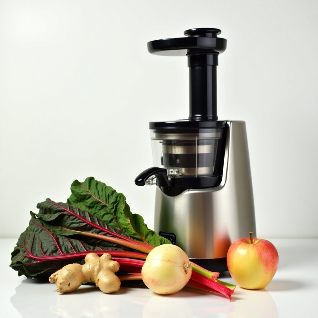 Cold press juicer with fresh detox ingredients including Swiss chard, ginger root, apples, and golden beets on a clean white background.