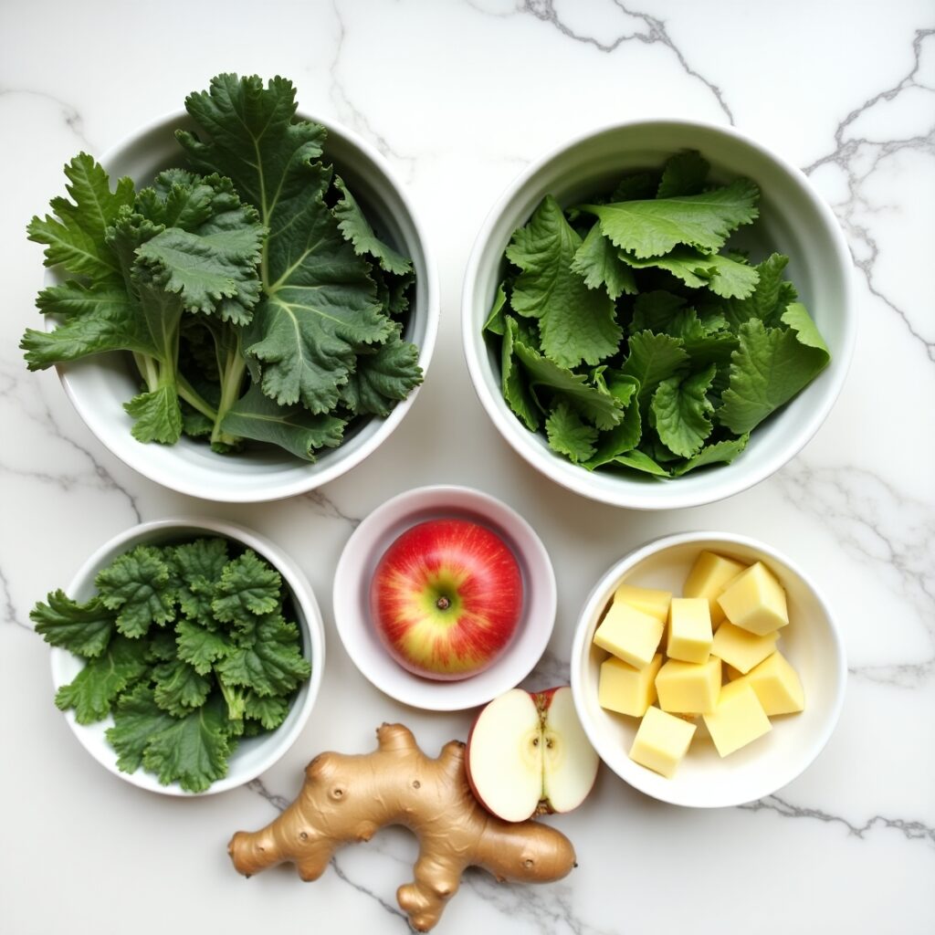 Top down view of a vibrant green 10 Day Detox Juice surrounded by fresh rainbow chard, golden turnip, ginger, and apple on a slate surface.