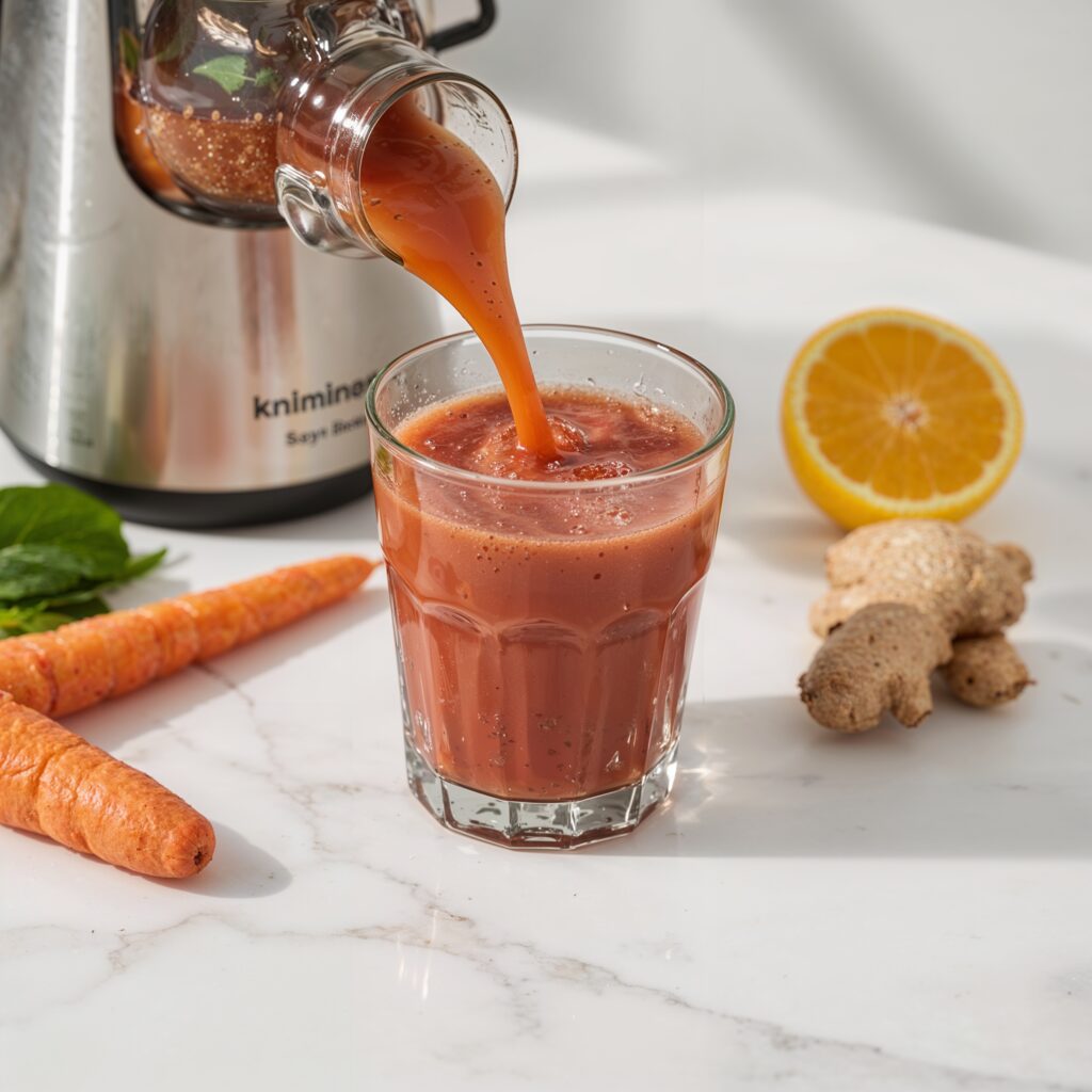 Freshly poured 24 hour detox juice made from carrots, orange, and ginger with mint leaves beside a juicer on a white marble counter.