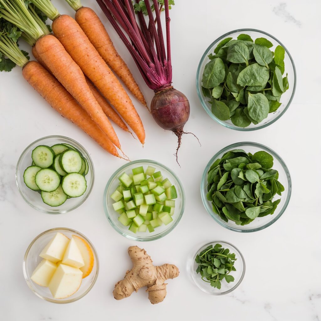 Flat lay of fresh 24 hour detox juice ingredients including carrots, beetroot, ginger, cucumber, apple, and assorted leafy greens on a white marble surface.