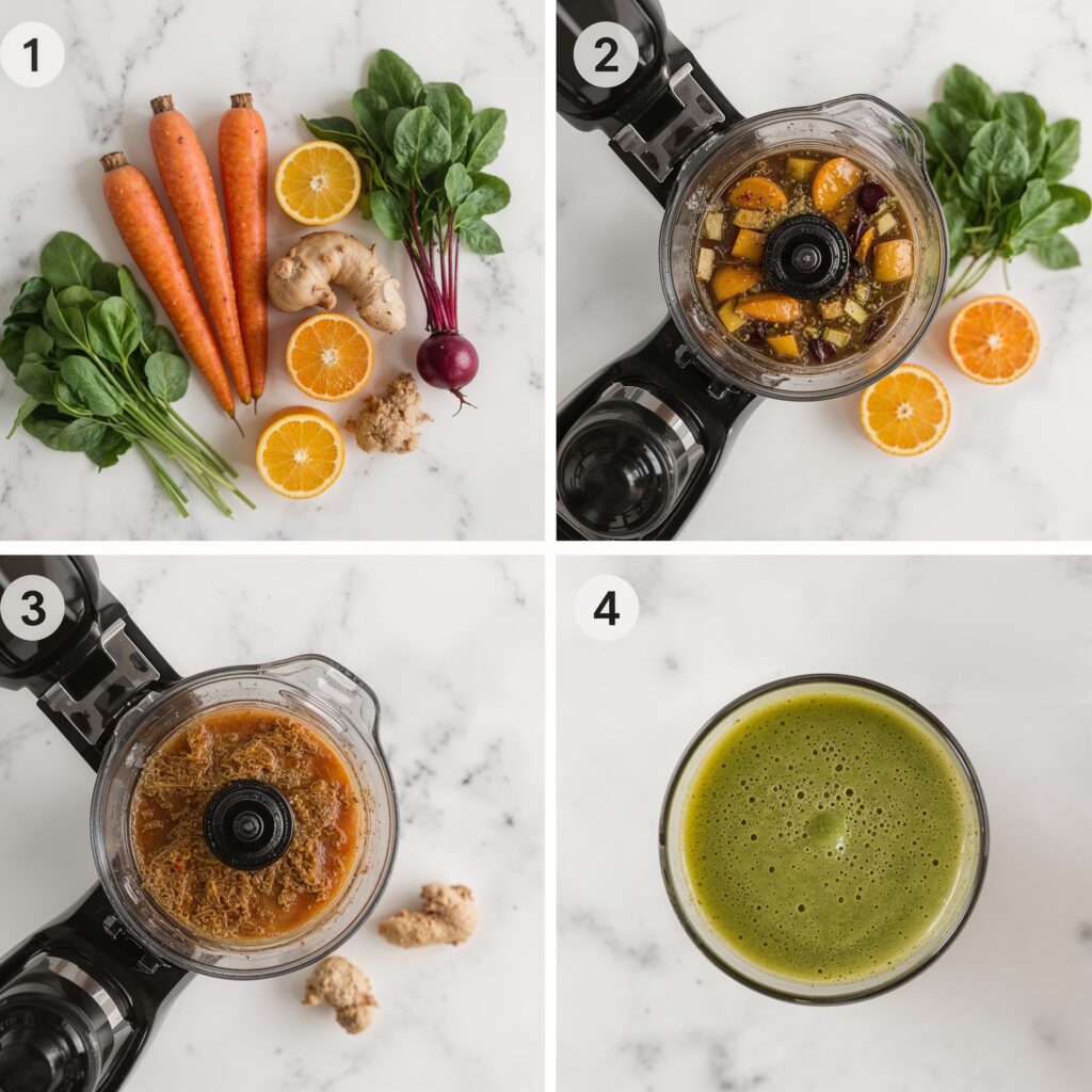 Step by step preparation of a 24 hour detox juice using fresh carrots, spinach, beetroot, ginger, and oranges in a blender.