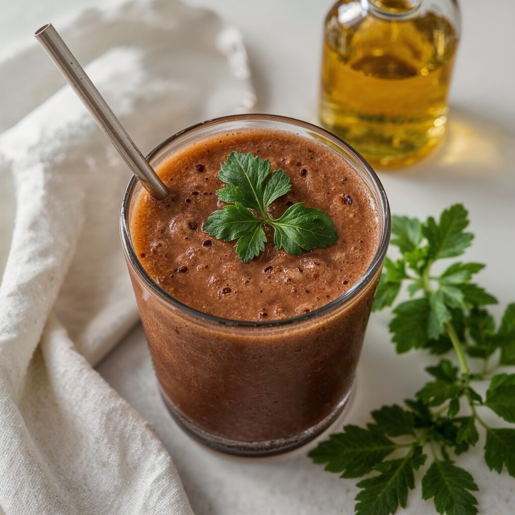 Glass of dark 24 hour detox juice topped with fresh parsley and served with a metal straw, placed on a light surface with a bottle of oil and white cloth.