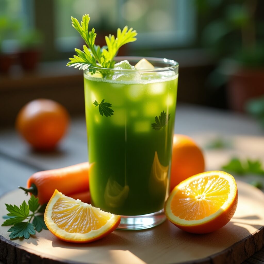 Green 3 day cleanse detox with parsley garnish, served with ice in a glass surrounded by fresh oranges, carrots, and citrus slices on a wooden tray.