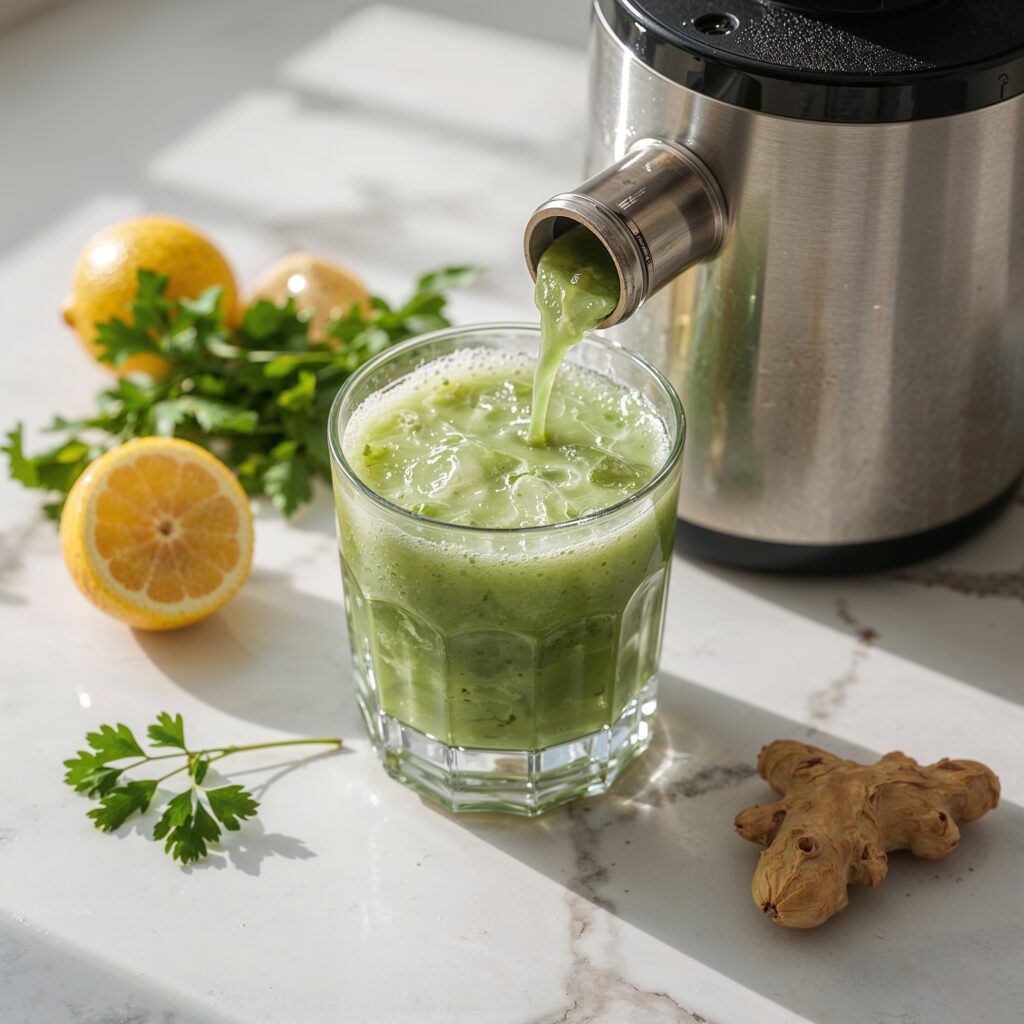 Fresh green detox juice with lemon, ginger, and parsley for a 7 day body detox cleanse.