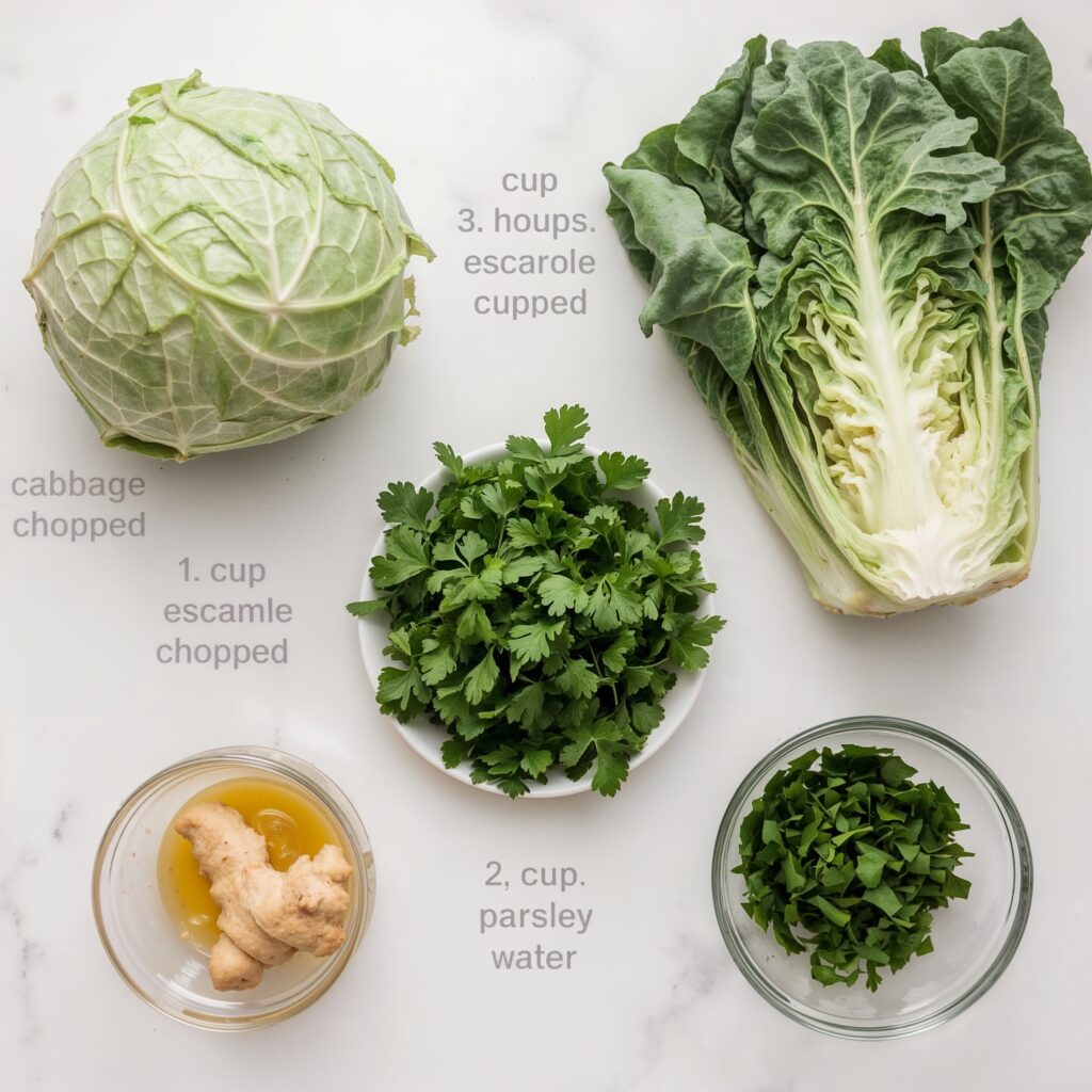 Detox ingredients for 7 day body detox cleanse, including cabbage, escarole, parsley, and ginger.