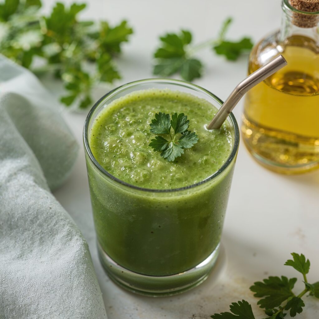 Green detox smoothie with parsley garnish and metal straw, ideal for a 7 day body detox cleanse.