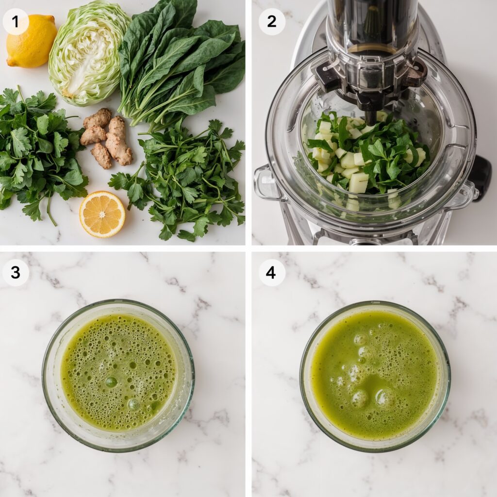 Step-by-step green juice preparation with fresh herbs and veggies for a 7 day body detox cleanse.
