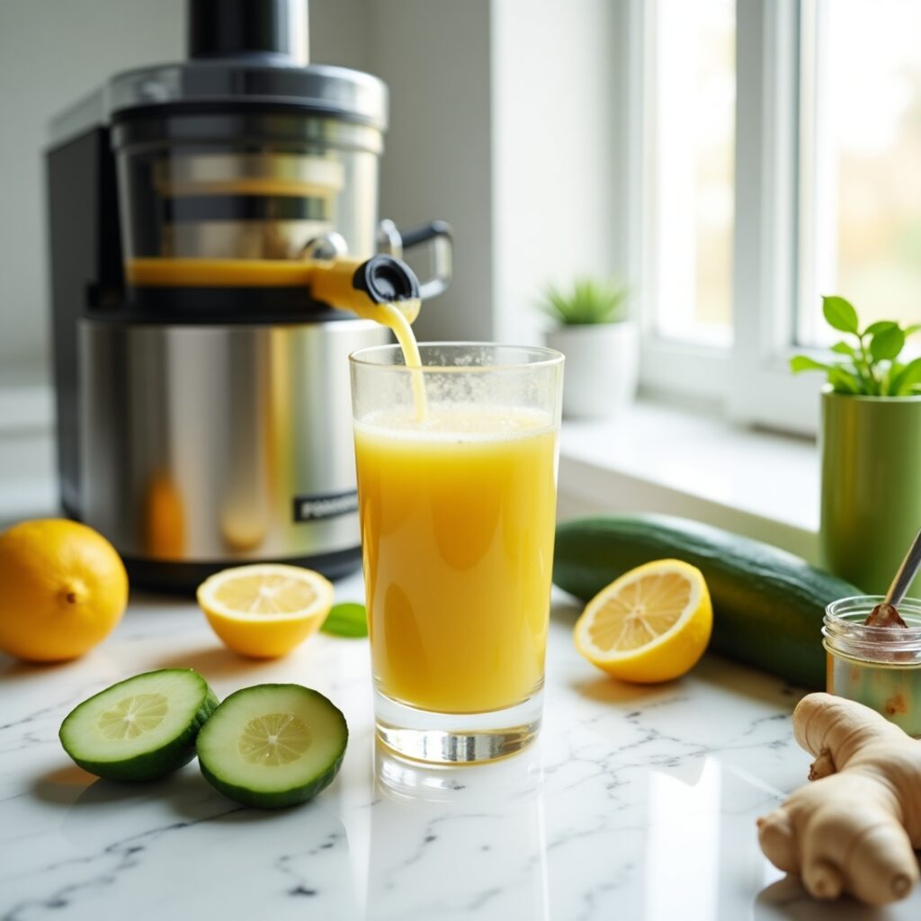 Detox drink being poured from a juicer into a glass with lemons, cucumbers, ginger, and honey on a white marble counter natural remedy for opiate detox.