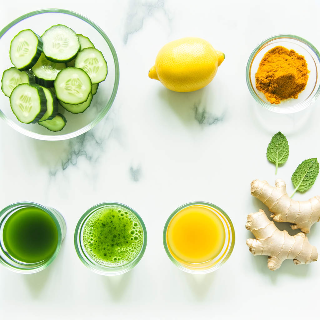 Flat lay of detox ingredients including cucumber, lemon, turmeric, ginger, mint, and three colorful juice shots.