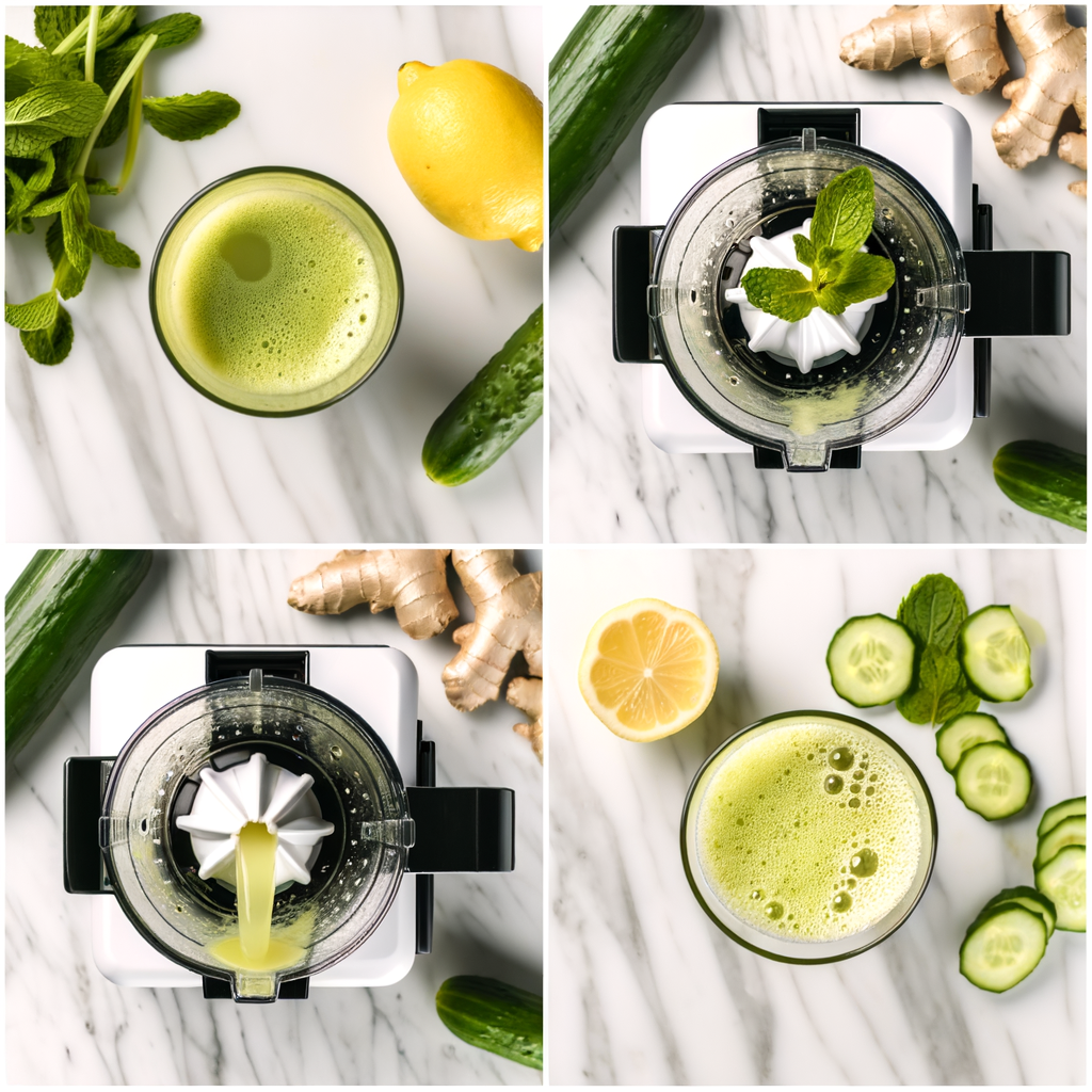 Step-by-step collage of cucumber, lemon, ginger, and mint juice preparation using a citrus juicer on a marble surface.