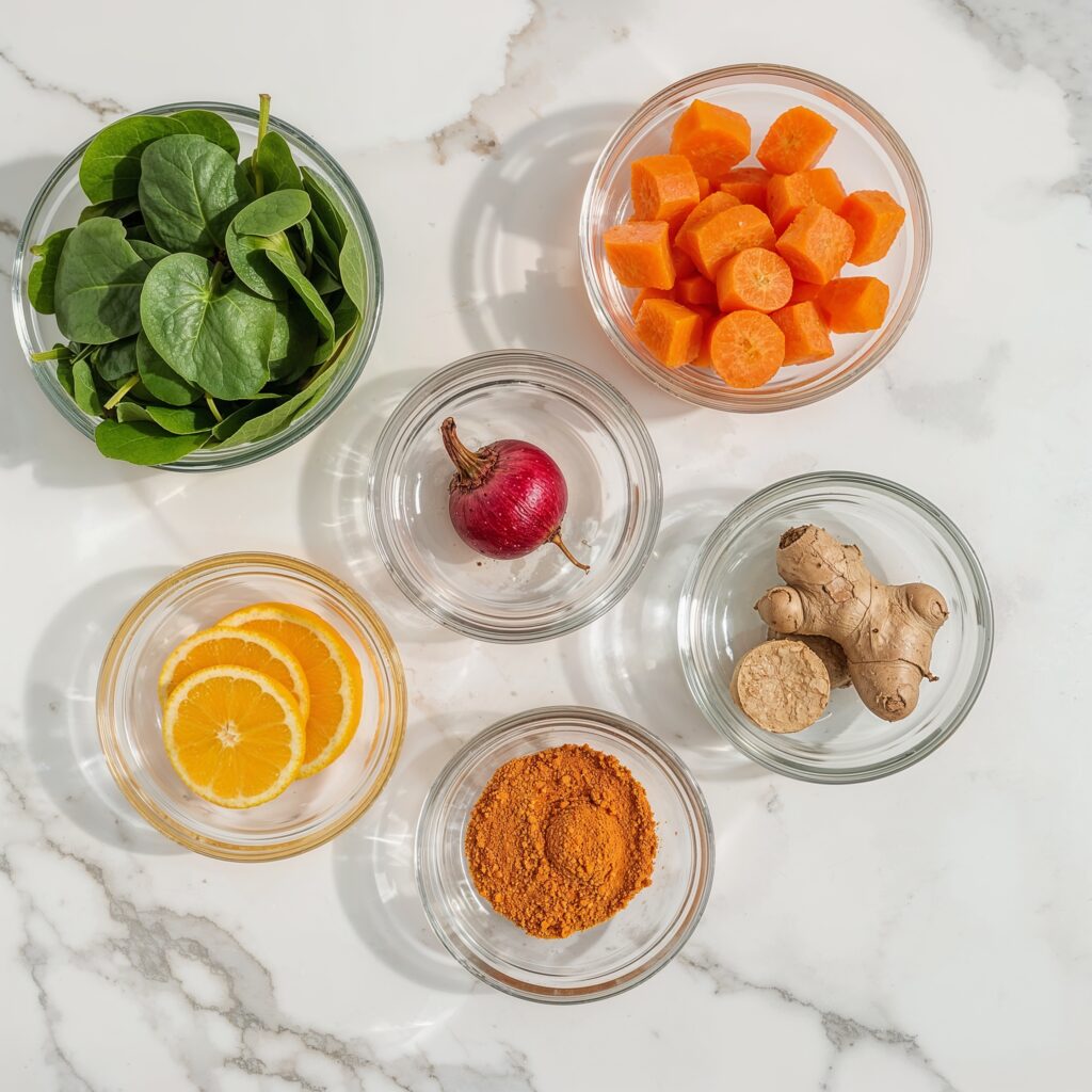 Flat lay of lung cleansing detox juice ingredients including spinach, carrots, radish, orange, ginger, and turmeric on a white marble surface.
