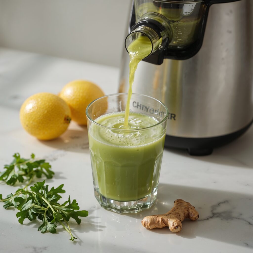 Green detox juice made from leafy greens, ginger, and lemon being poured from a juicer ideal for heavy metal detox naturally.