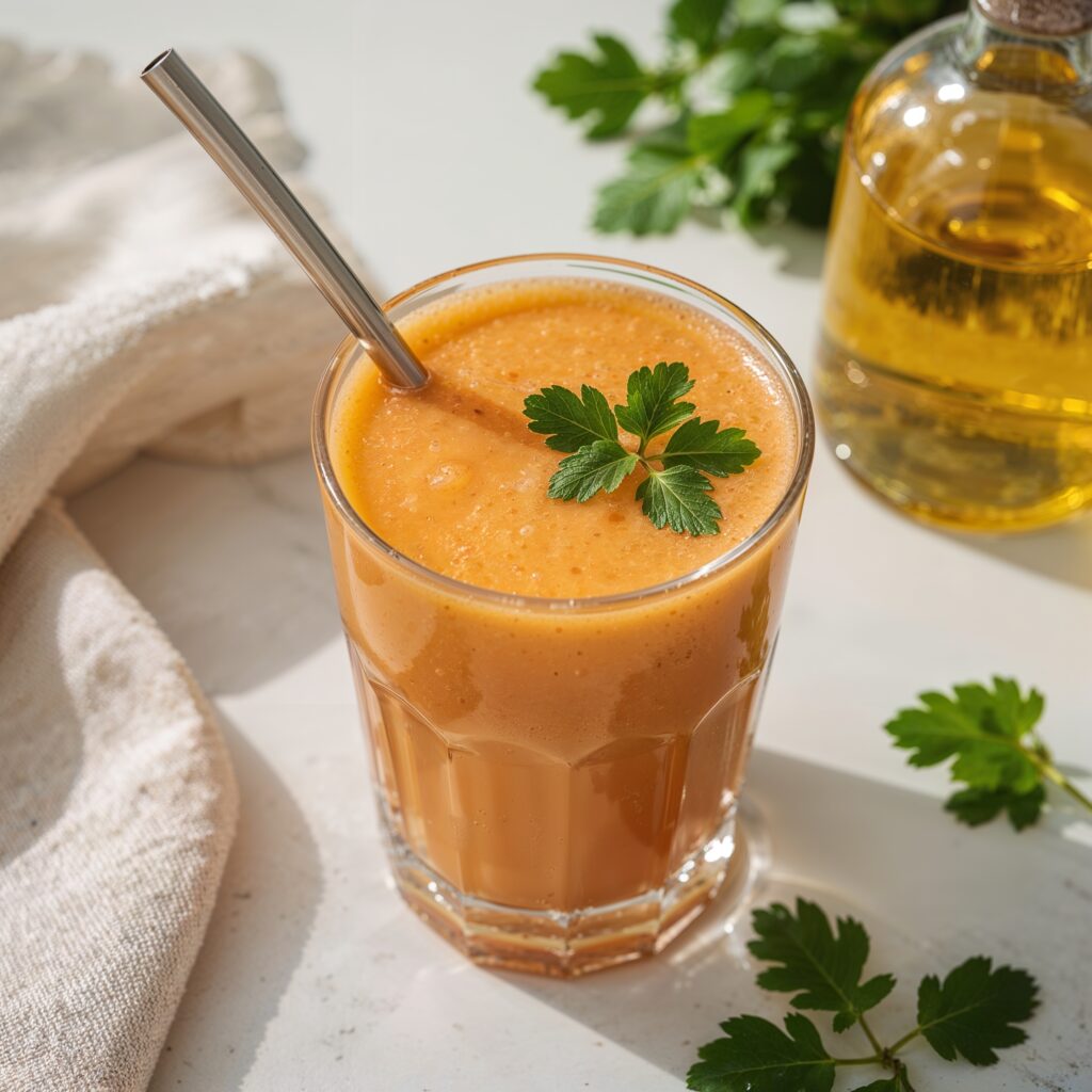 Glass of Parasite Detox Juice with Papaya and Pineapple garnished with parsley and served with a metal straw.