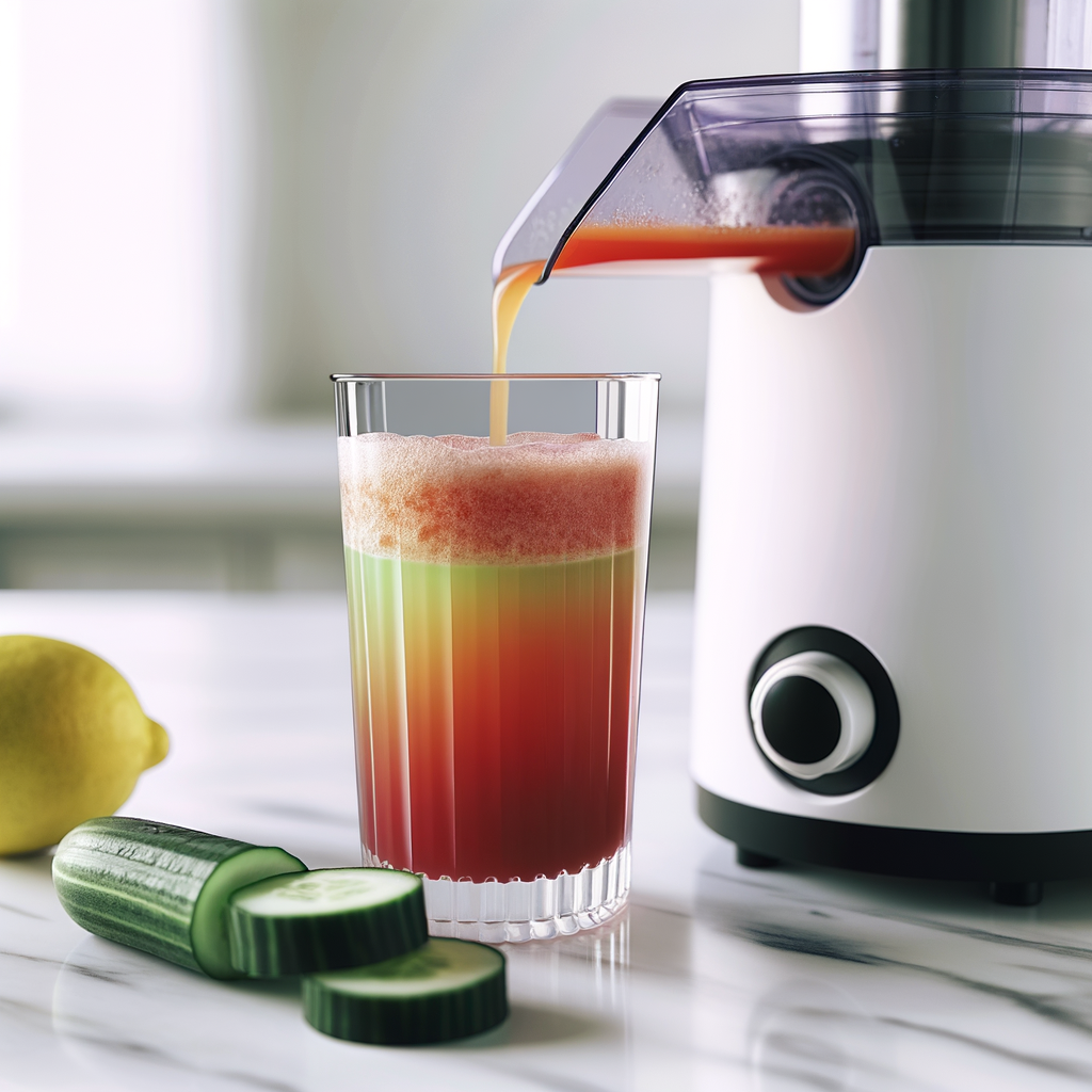 Fresh juice being poured into a glass from a juicer, with cucumber and lemon on the side.