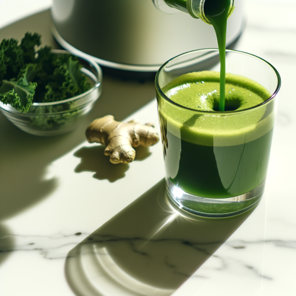 Green weed detox drinks being poured into a glass next to fresh ginger and kale on a counter.