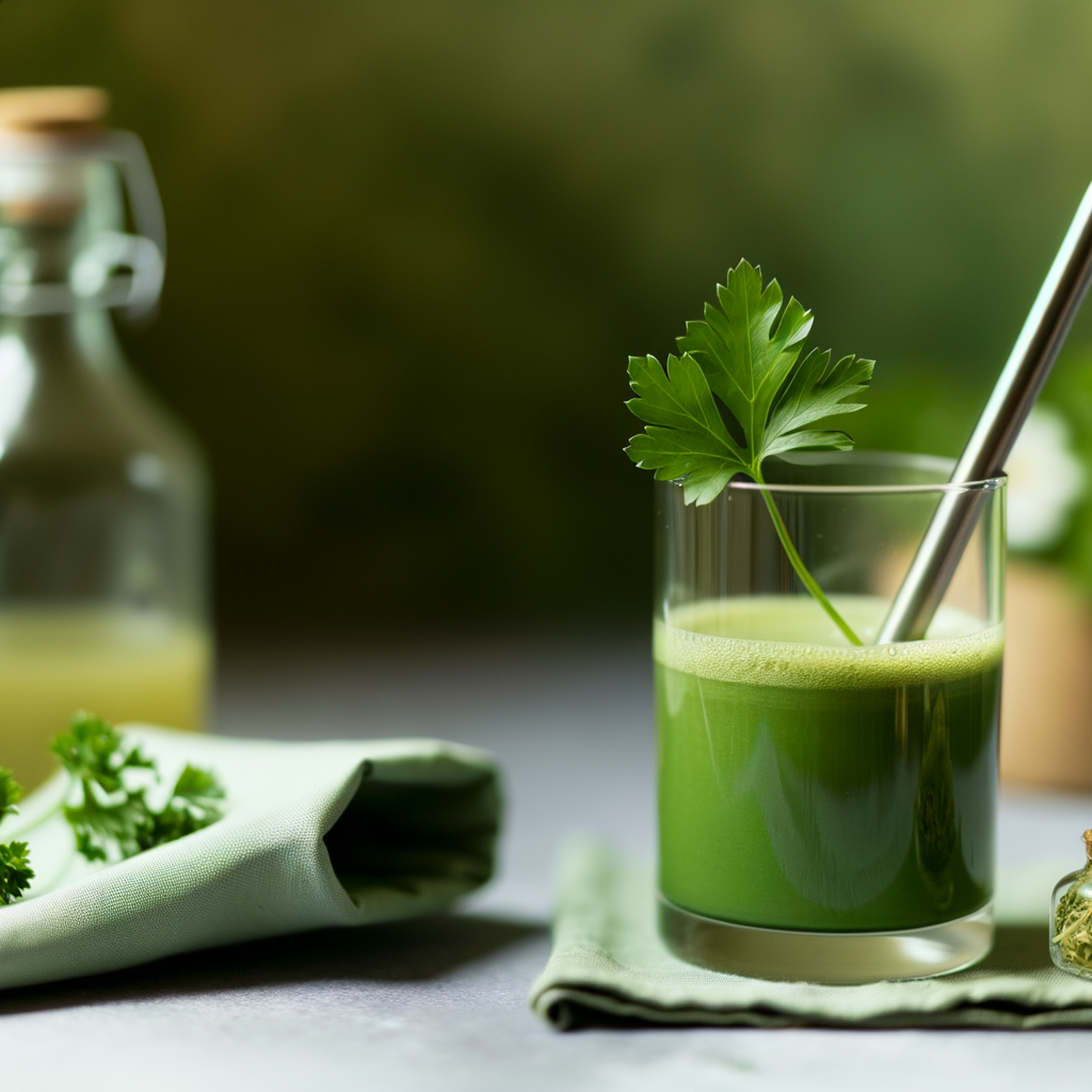Glass of green juice with a parsley garnish and metal straw on a napkin-covered surface.
