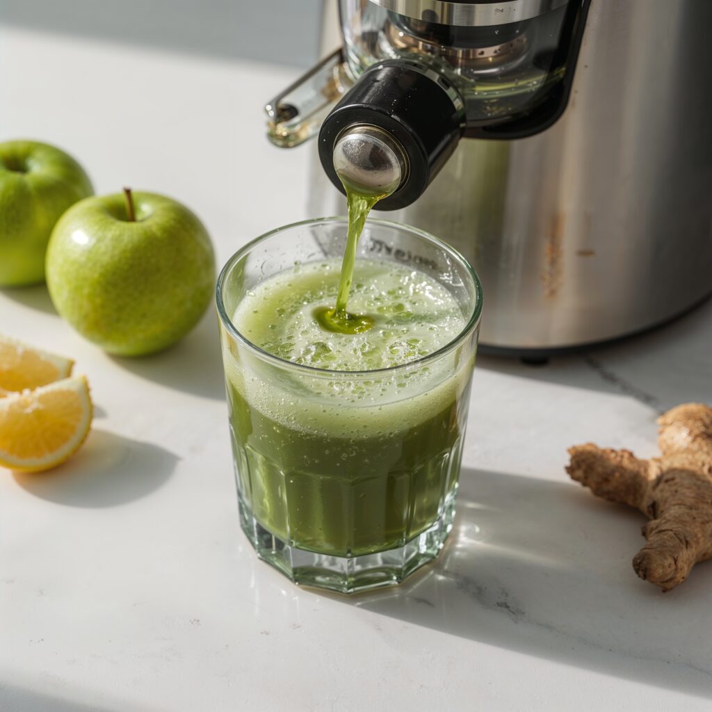 Fresh vegan detox juice made with green apple, lemon, and ginger being poured from a juicer.