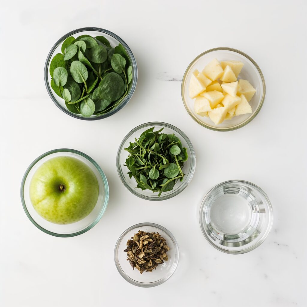 Ingredients for vegan detox juice cleanse including green apple, leafy greens, dandelion root, and water on white background.