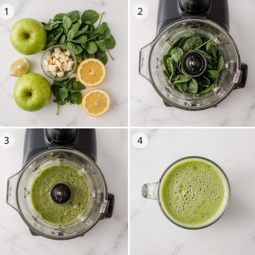 Step-by-step process of making vegan detox juice cleanse with green apple, citrus, and greens in a blender.