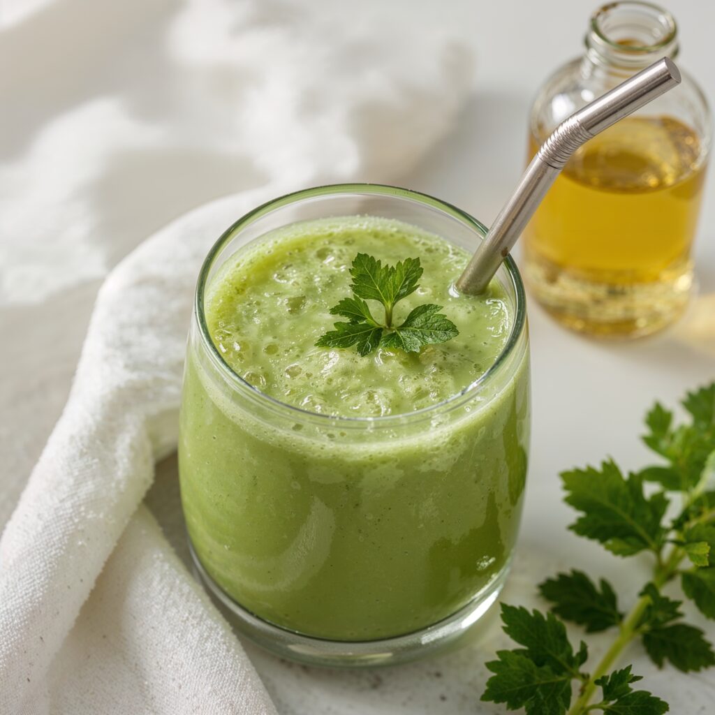 Green vegan detox juice in a glass with a metal straw and parsley garnish, served beside a bottle of oil.