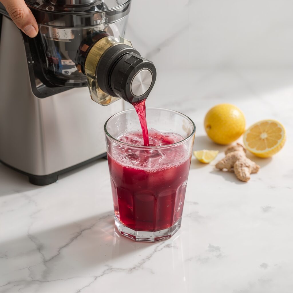 Fresh beet and lemon juice being extracted into a glass part of the best detox juice cleanse