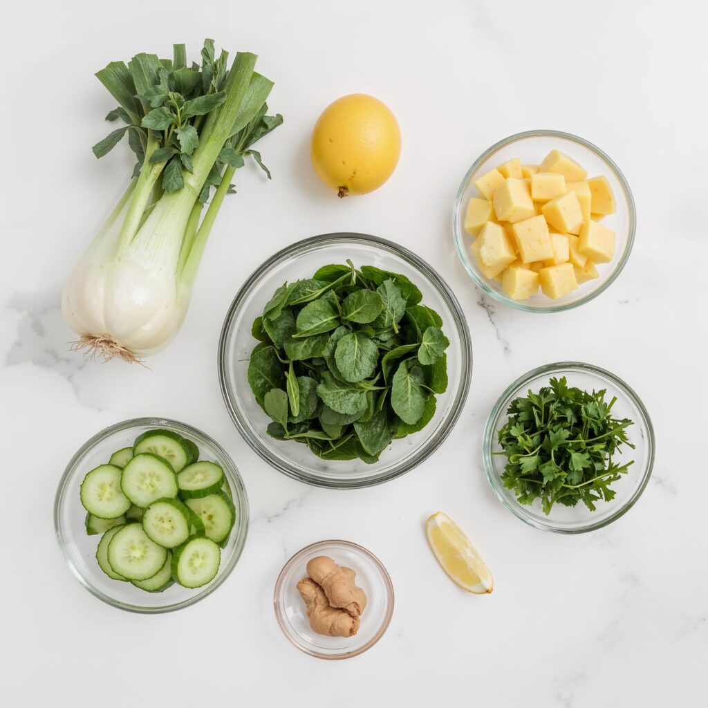 Fresh ingredients including fennel, pineapple, cucumber, lemon, and greens prepared for the best detox juice cleanse