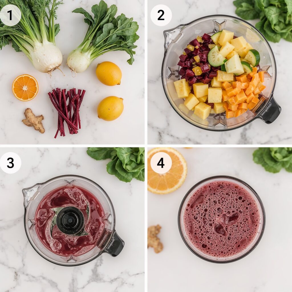Step by step preparation of ingredients and blending process for the best detox juice cleanse with beets, fennel, pineapple, and citrus