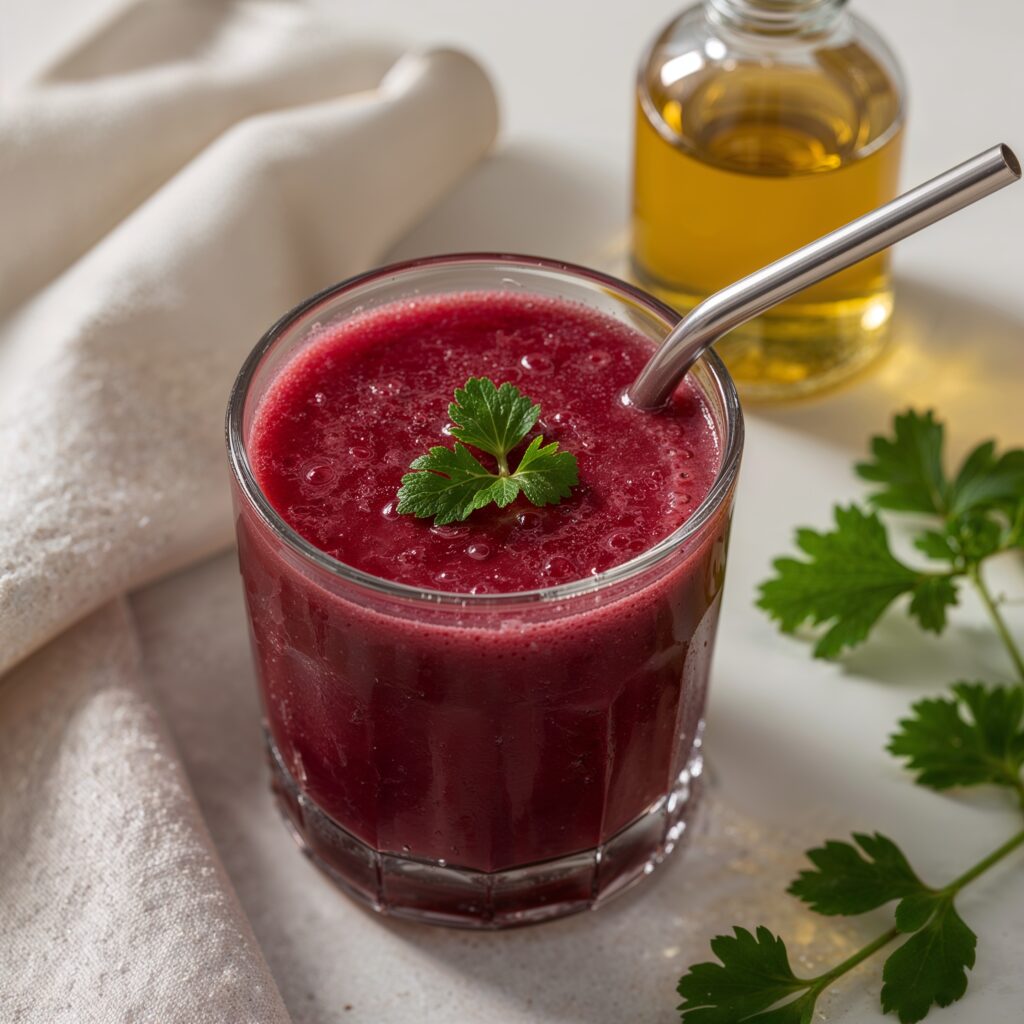 Glass of vibrant red juice with parsley garnish and metal straw part of the best detox juice cleanse