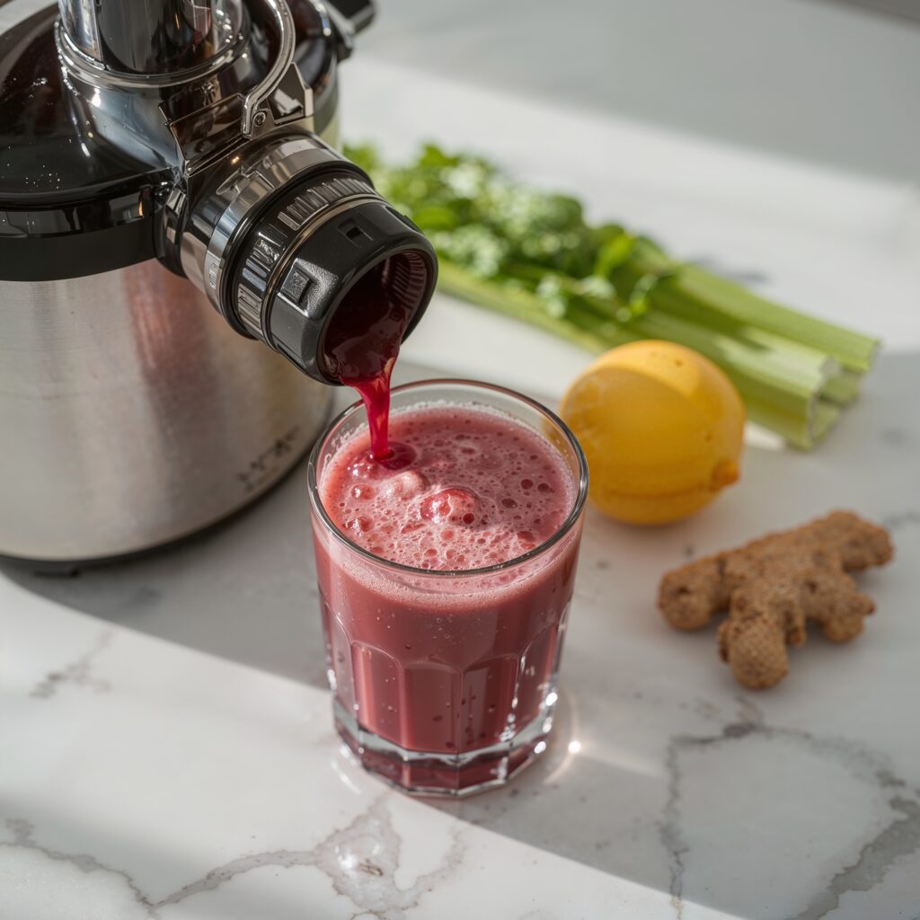 A vibrant red detox juice made from beetroot, ginger, lemon, celery, and apple being poured into a glass from a juicer on a white marble countertop a natural support for the best way to detox from alcohol.