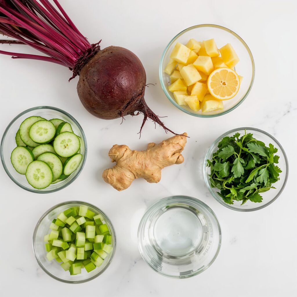 Flat lay of fresh detox ingredients including beetroot, ginger, lemon, cucumber, celery, parsley, and water natural components used in the best way to detox alcohol.