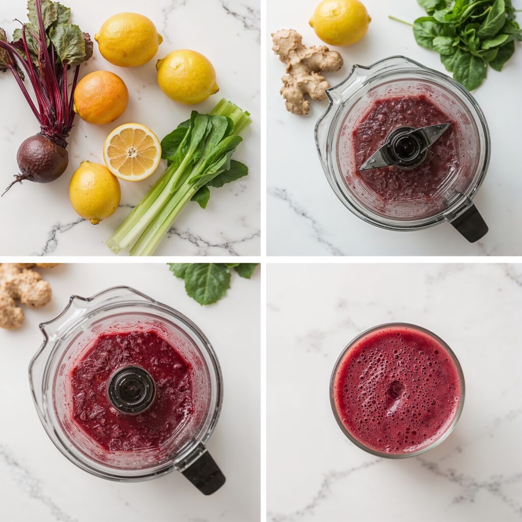 Step-by-step collage showing the preparation of a detox juice with beetroot, citrus fruits, celery, ginger, and leafy greens natural support for the best way to detox alcohol.