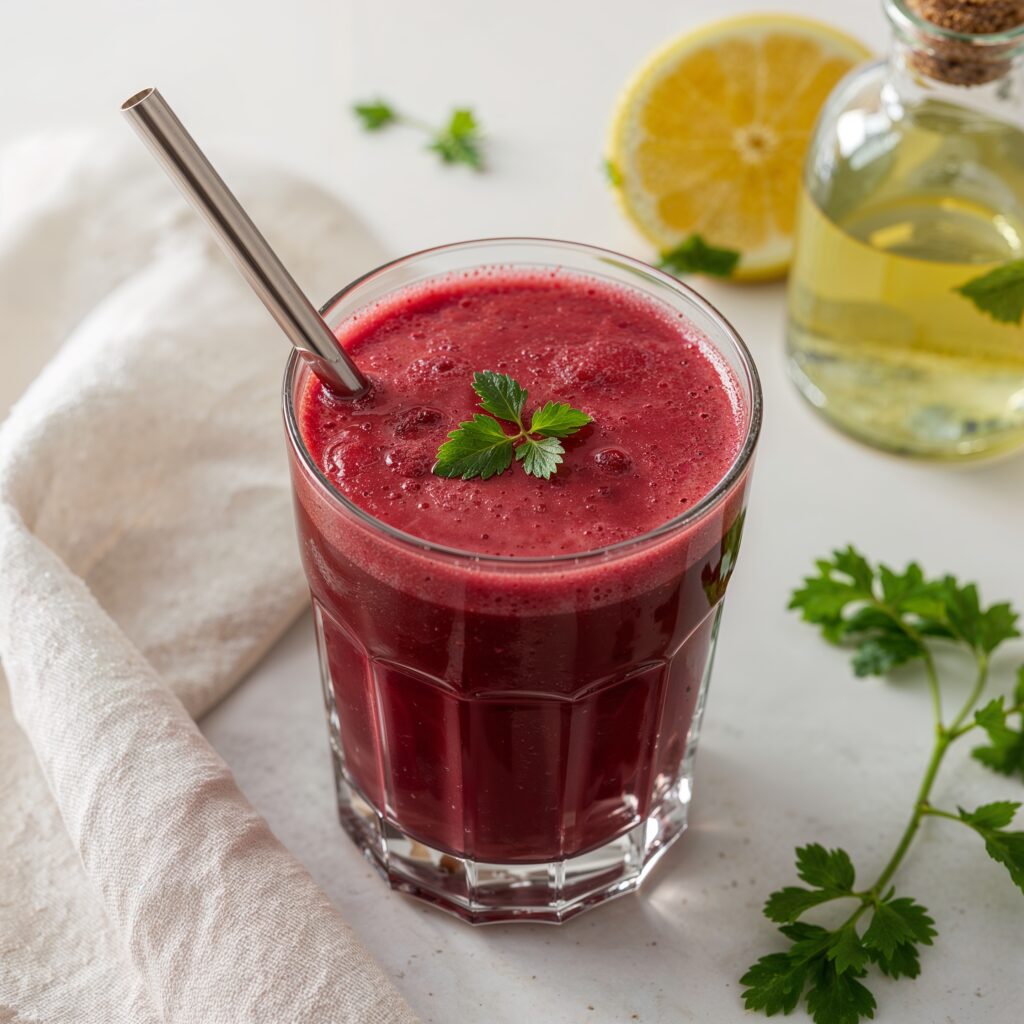 A vibrant glass of beetroot detox juice garnished with fresh parsley and served with a stainless steel straw—an elegant representation of the best way to detox alcohol naturally.