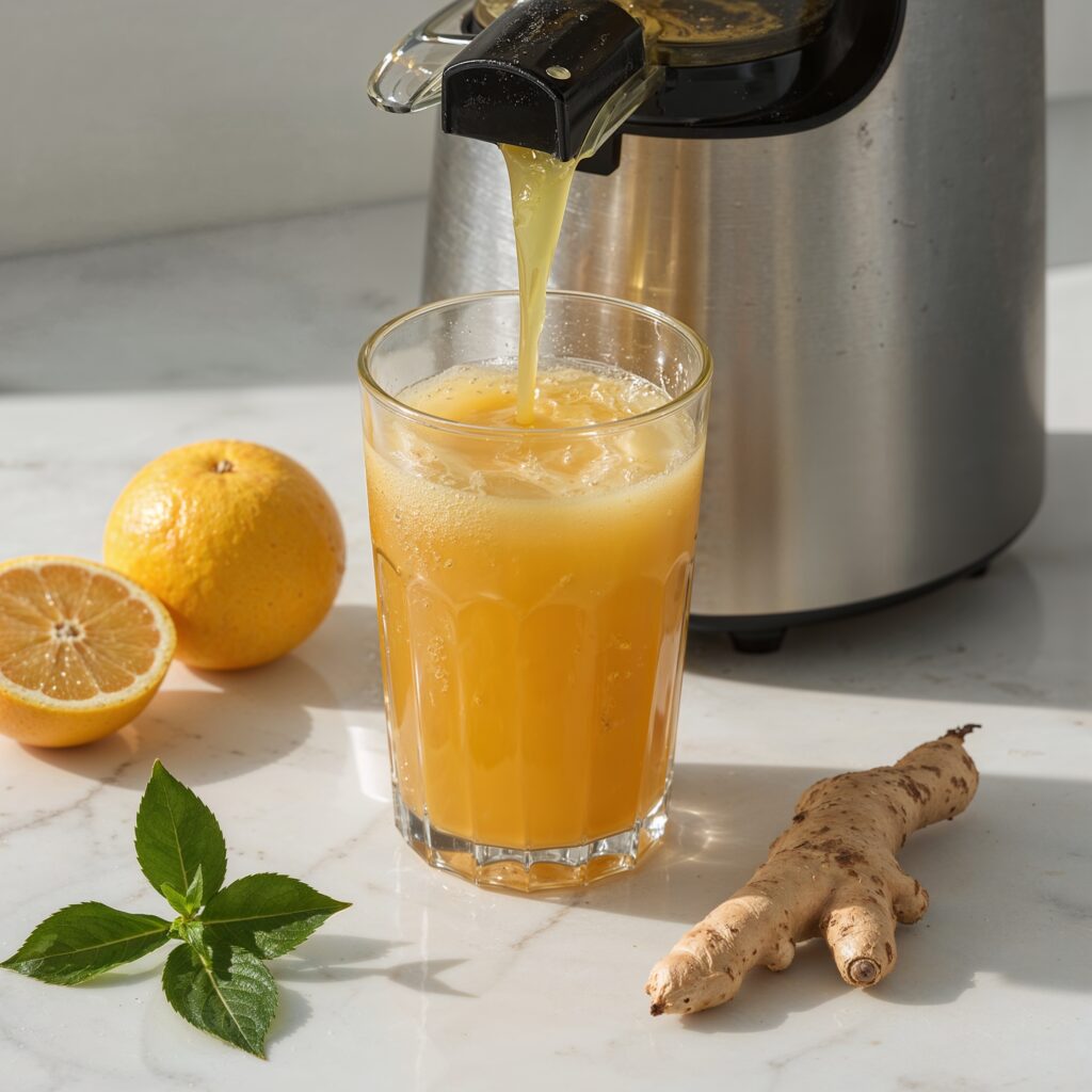 Freshly extracted citrus and ginger brain detox cleanse juice being poured into a glass from a juicer, with whole lemon, ginger root, and herbs on a sunlit countertop.