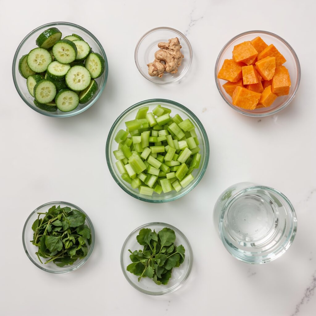 Fresh ingredients for a brain detox cleanse laid out in glass bowls: cucumber, ginger, sweet potato, celery, leafy herbs, and water on a white surface.