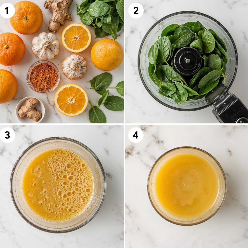Step-by-step process of making a brain detox cleanse juice using oranges, garlic, spinach, turmeric, and ginger.