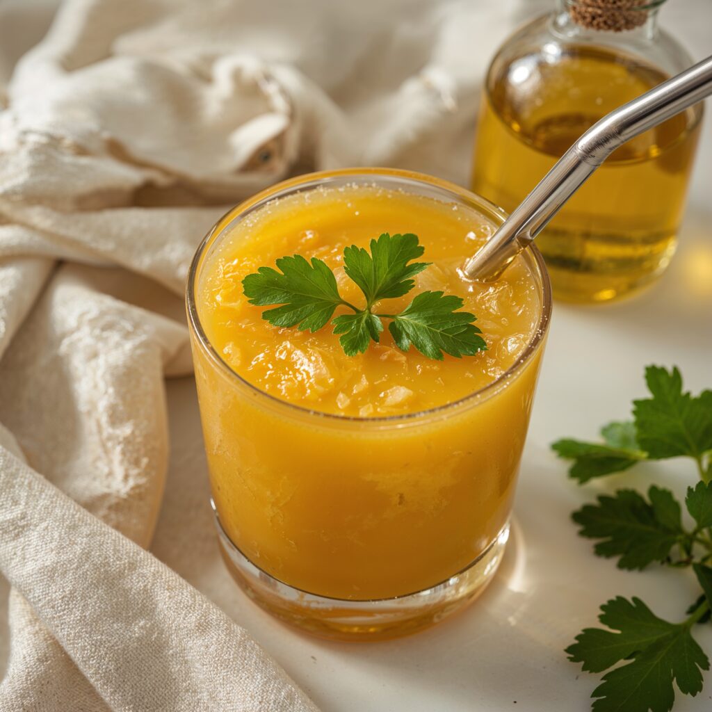 A glass of vibrant yellow brain detox juice garnished with fresh parsley, served with a metal straw on a white surface.