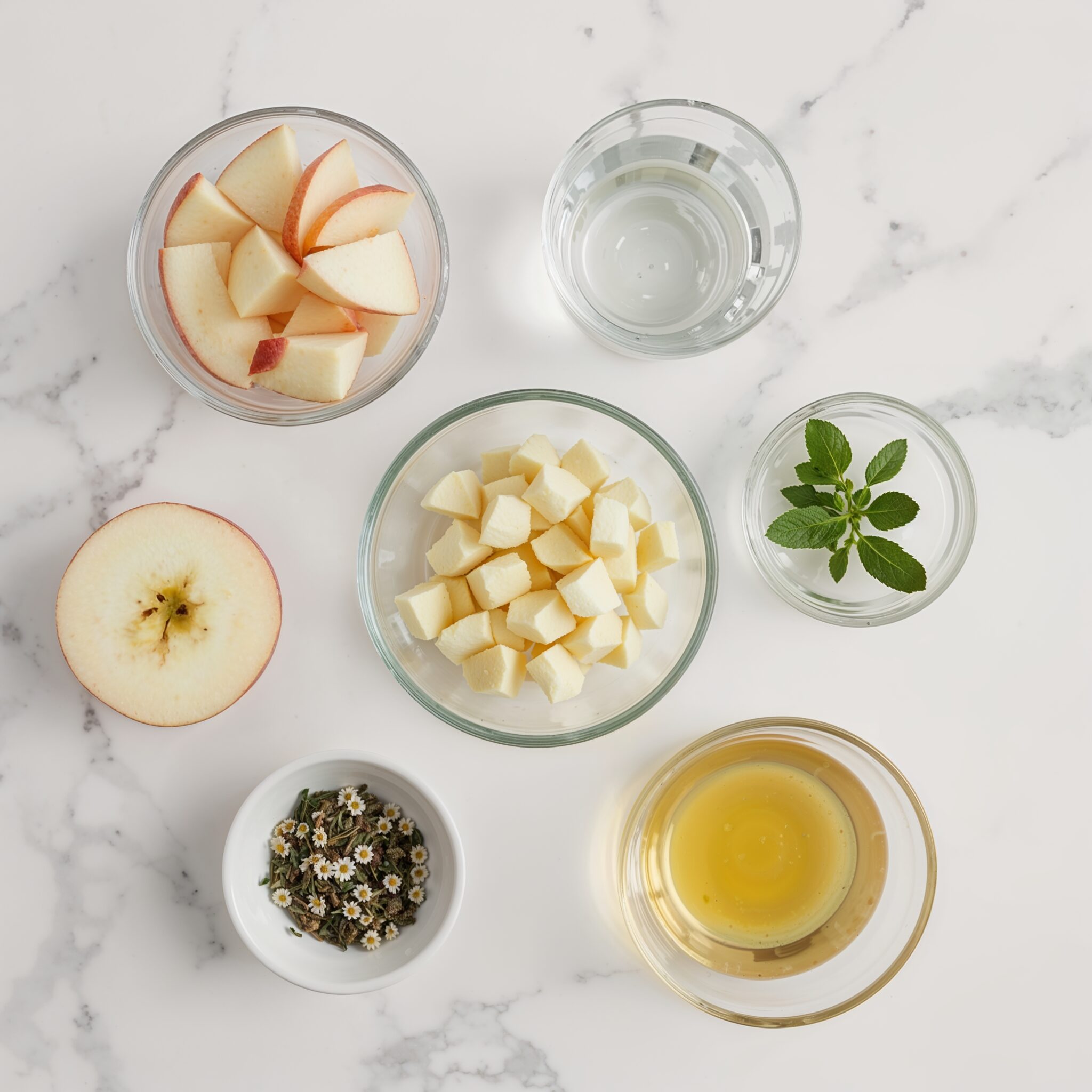 colon cleanse ingredients in glass bowls—apple slices, probiotic yogurt, chopped ginger, chamomile tea, and mint—on a white marble surface.