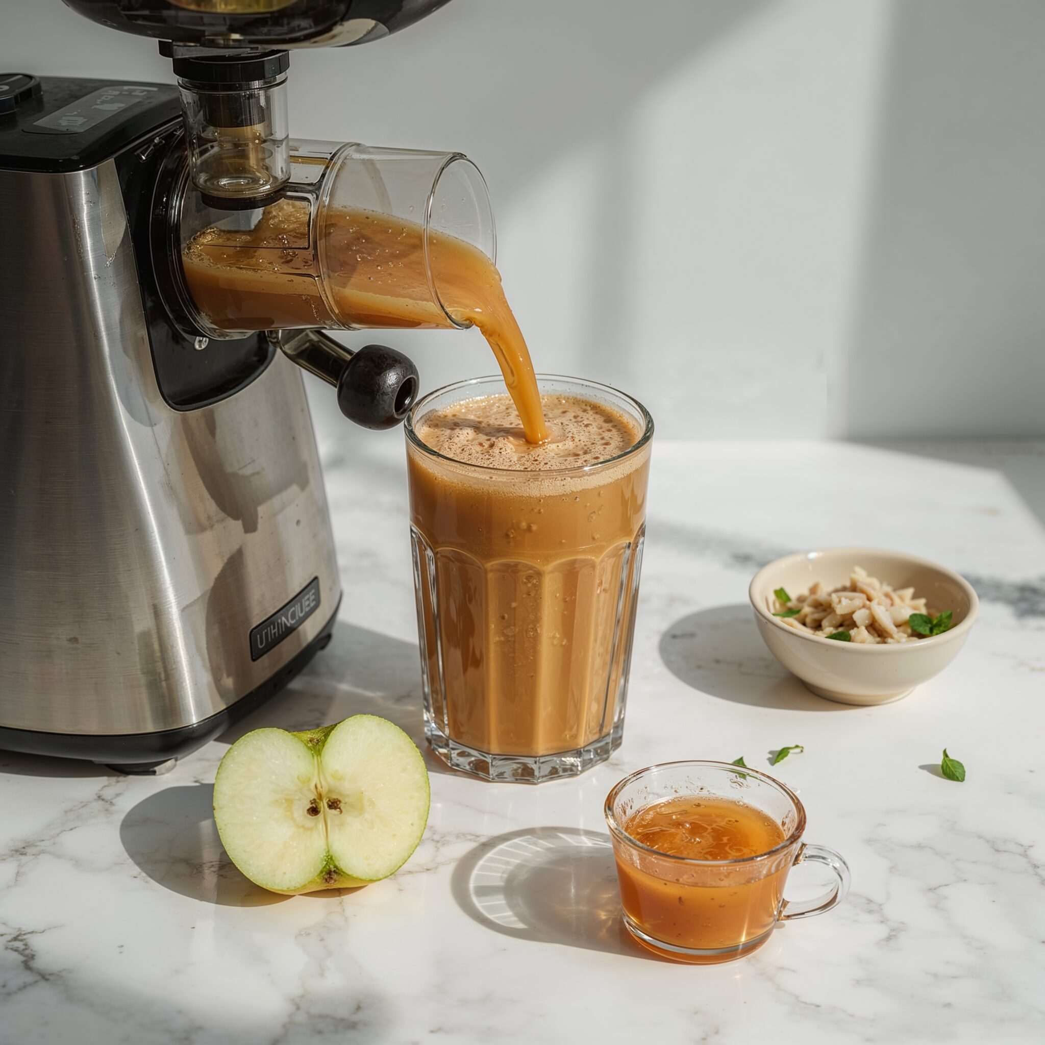 Colon cleanse juice being extracted into a glass on a white marble surface, with apple slices, herbal tea, and probiotic yogurt nearby in natural daylight.