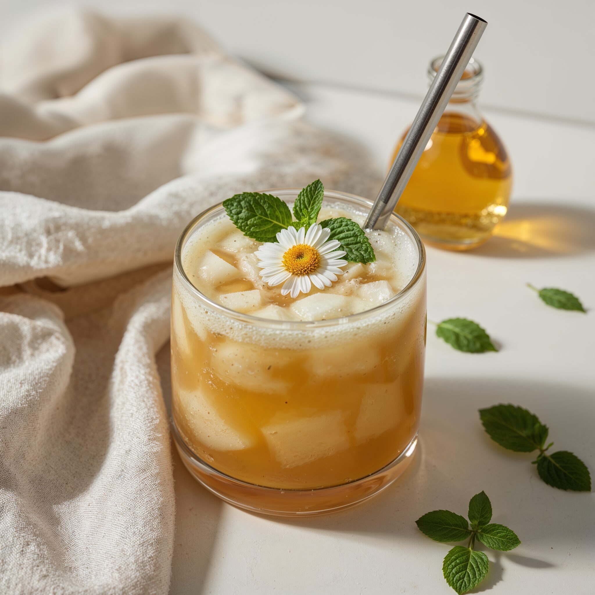 Close-up of detox juice made with apple, ginger, and chamomile tea, served in a clear glass with a stainless steel straw and mint garnish in a calming setting.
