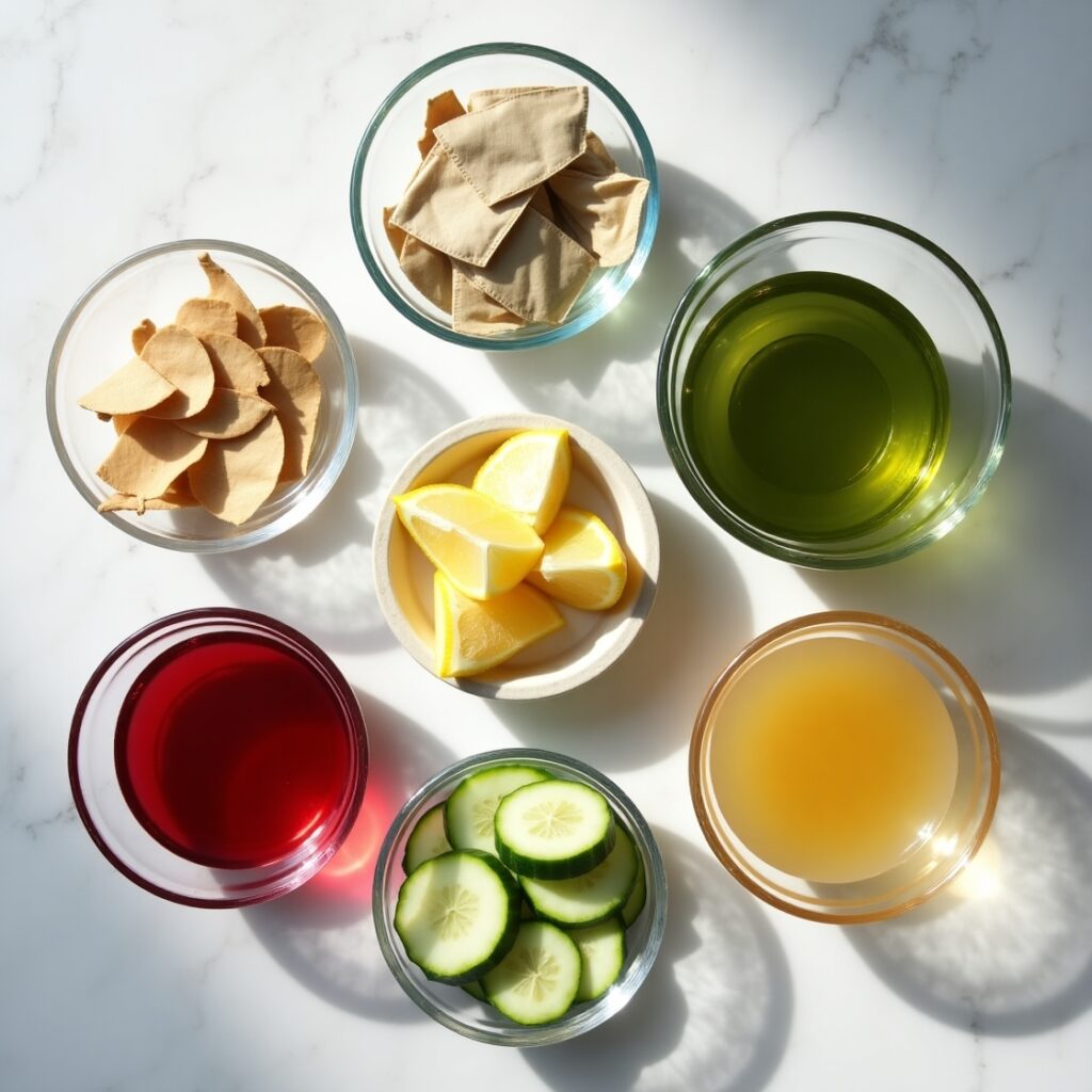 Flat lay of natural detox ingredients in glass bowls on marble: ginger, green tea, lemon, cucumber, cranberry juice, and honey ideal for detox drinks for opiates.
