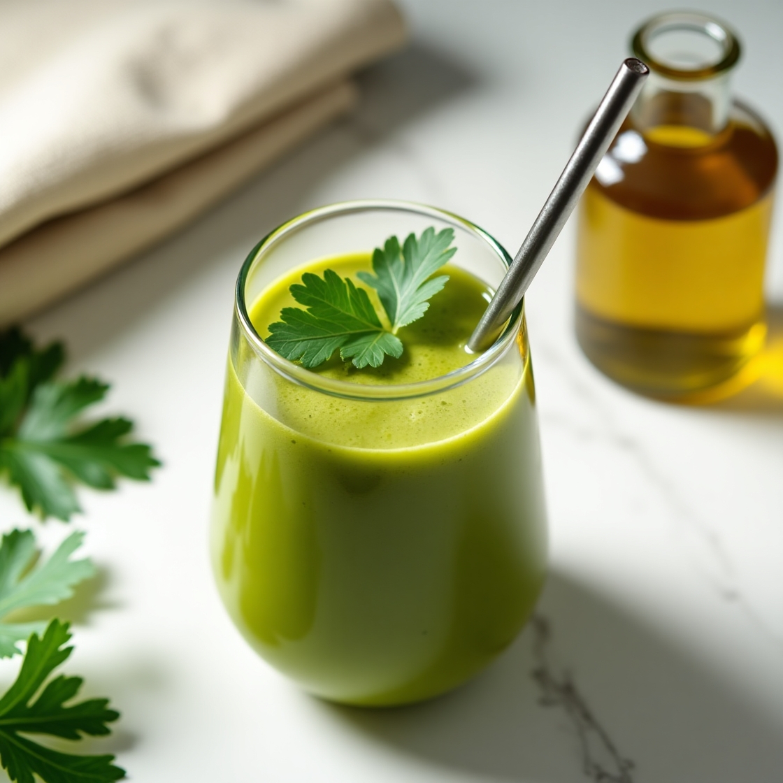 green detox drink in a clear glass with a metal straw and parsley garnish, placed on a white marble surface beside a bottle of liquid.